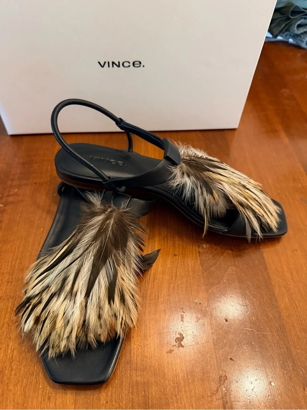 Vince Hepburn Black Leather Slingback Sandals with Feather Accent
